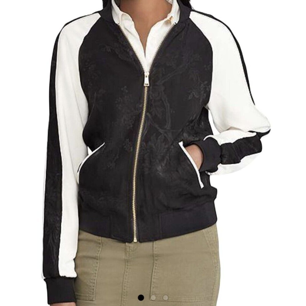 Lauren Ralph Lauren Black White satin jacket Floral Bomber Track